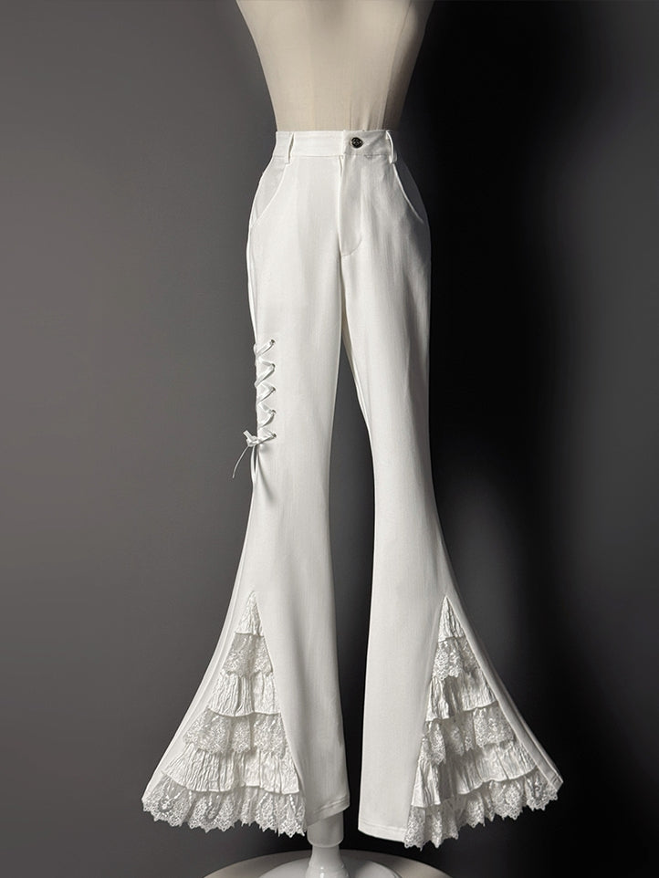 Lace Patches Flared Cuffs Pants White Tiered