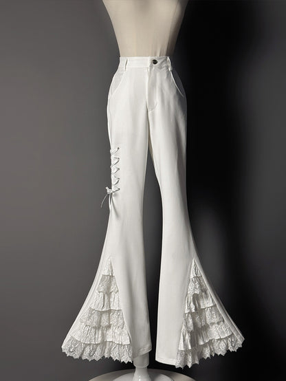 Lace Patches Flared Cuffs Pants White Tiered
