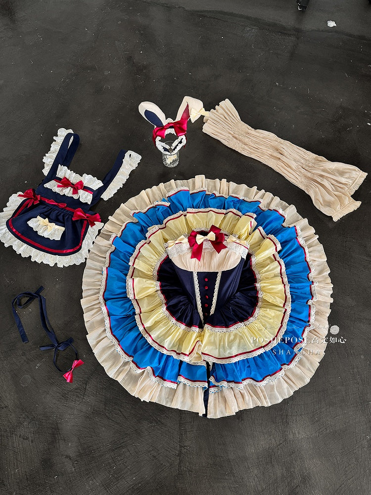 Dark Blue and Red Snow White Sweet Maid Apron + Basque Waist Strapless Tiered Ruffle Puffy Dress