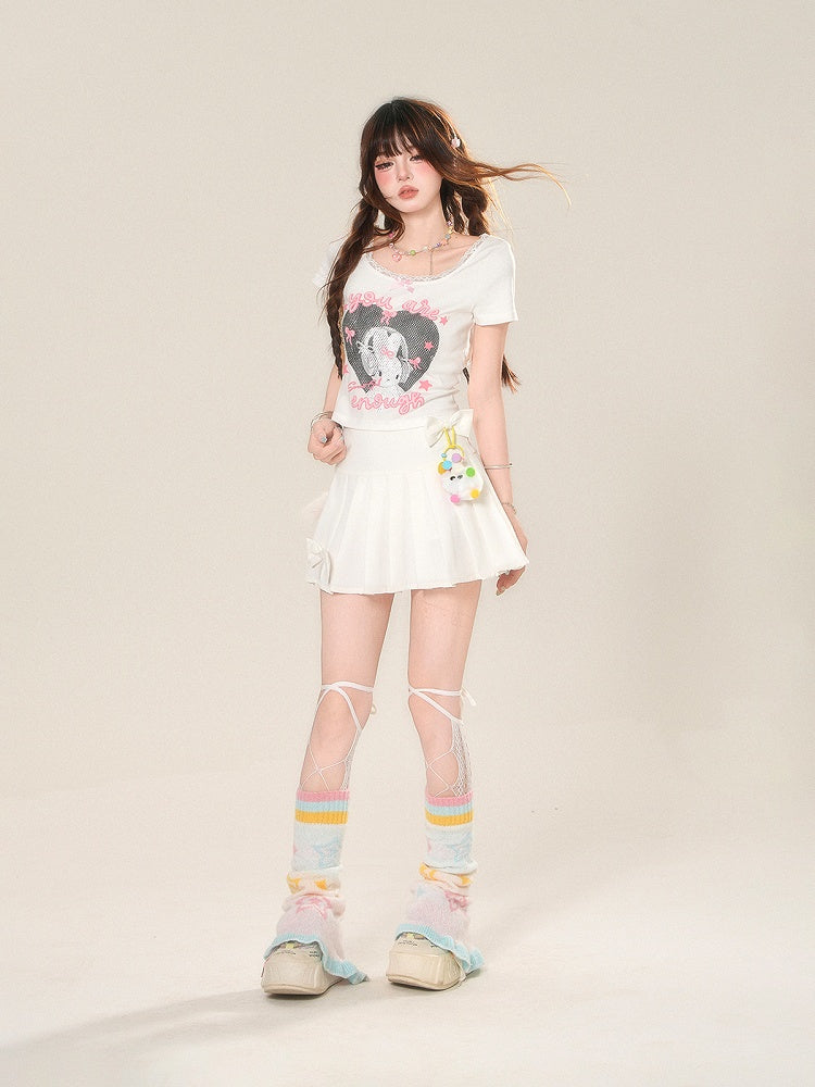 Skirt with Accents Charm JK Uniform White High Free Waist Bowknot