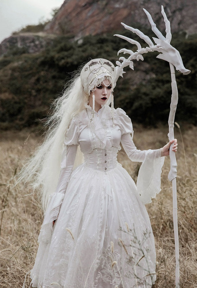 White Shiro Dragon Bone Drawstring Design Gothic Lolita Skirt