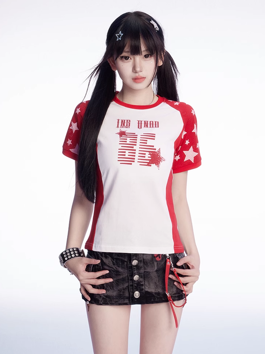 Vintage Star Print T-shirt Red and White Colorblock Design