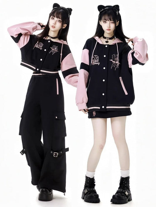 Black And Pink Hooded Baseball Jacket Short/Long Version