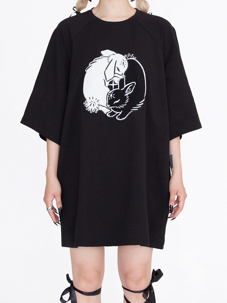 Black Bunny Embroidery Oversized T-Shirt