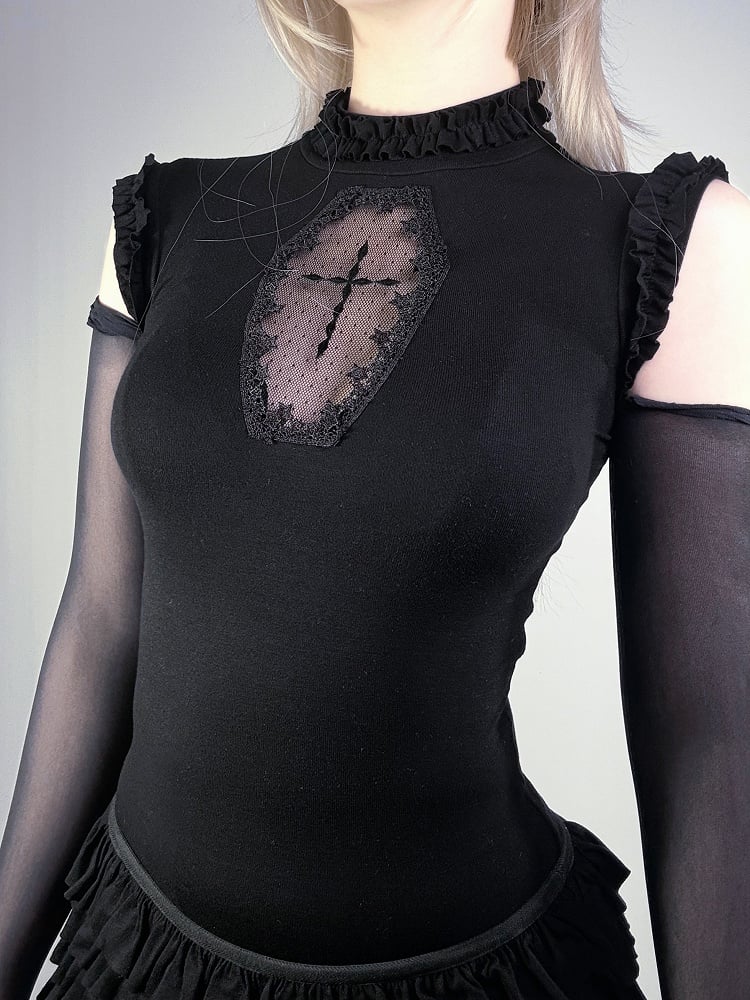 Black Mock Neck Coffin-Shaped Cutout Gothic Sleeveless Top