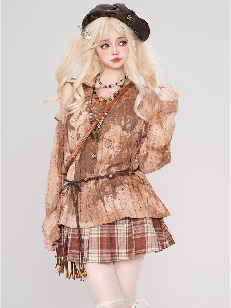 Khaki/Red Buckle Straps High Waist Plaid Pleated Skirt