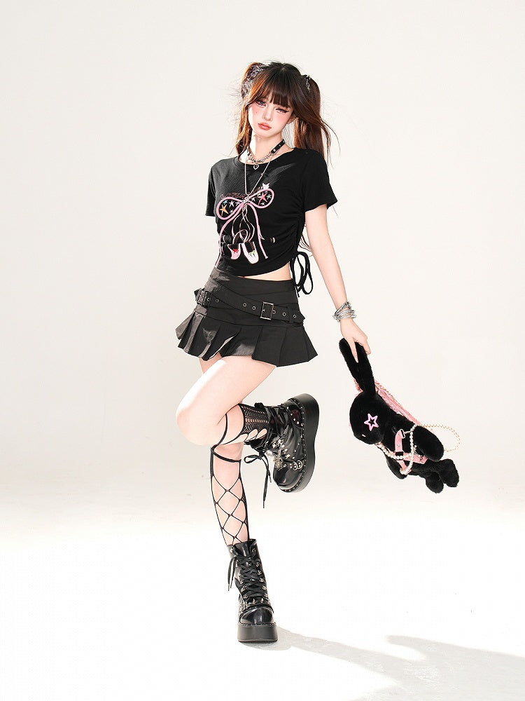Glamorous Bowknot Black/Yellow/Pink Cropped T-Shirt Drawstring Waist Accent