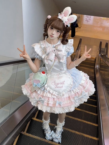 Lolita Blue Bunny Pink Maid and Puff Theme Sleeves Dress Sweet