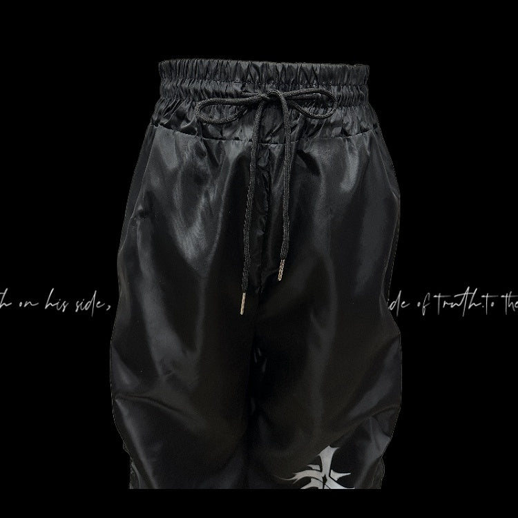 Waist Cross Print Design Drawstring Black Ruched Casual Pants
