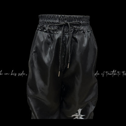 Waist Cross Print Design Drawstring Black Ruched Casual Pants
