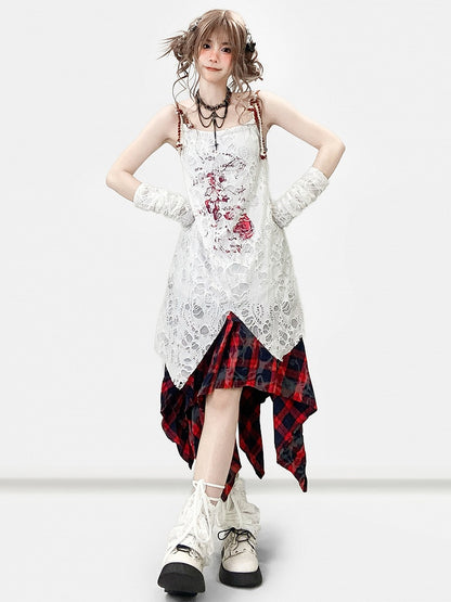 Ärmel mit weißem Design, Ausschnitt, Cami-Print-Kleid, Details Y2K