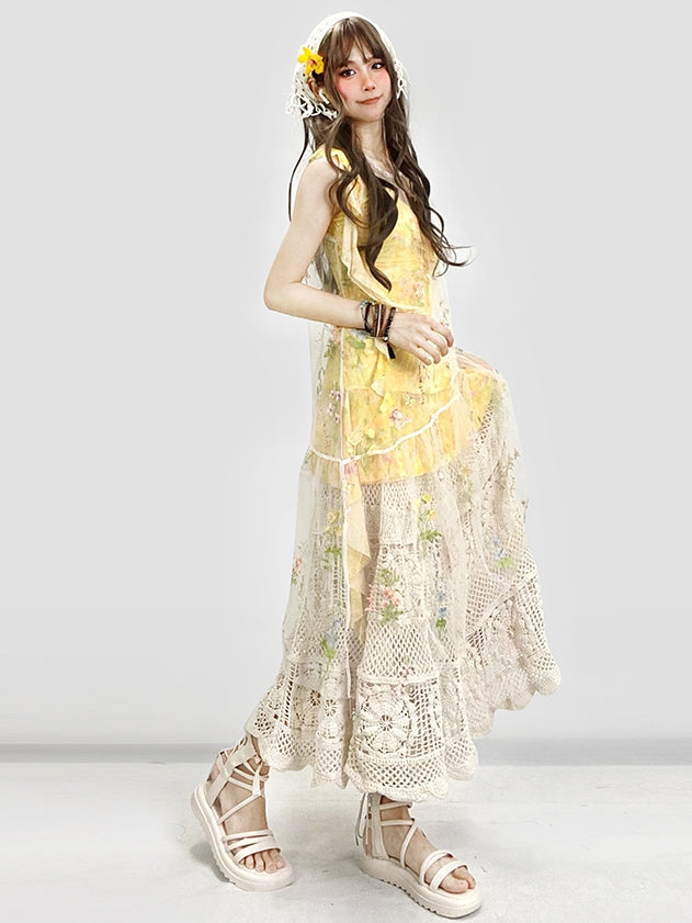 Floral Dress White Asymmetrical Yellow Beige Holiday Set- Sheer Embroidery + Skirt Hem