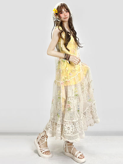 Floral Dress White Asymmetrical Yellow Beige Holiday Set- Sheer Embroidery + Skirt Hem