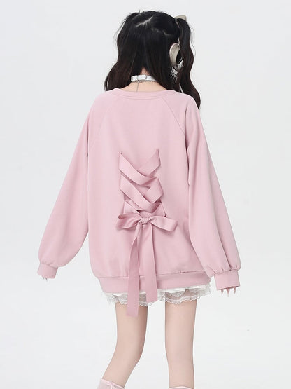 Rundhals-Sweatshirt mit Grafik und Schleife zum Selbstbinden auf der Rückseite, Rosa/Schwarz