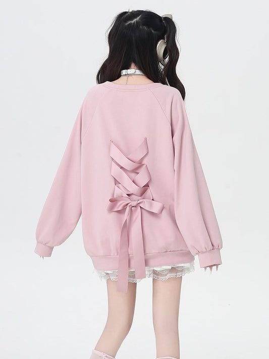 Round Neck Graphic Sweatshirt Self-tie Bowknot at Back Pink/Black
