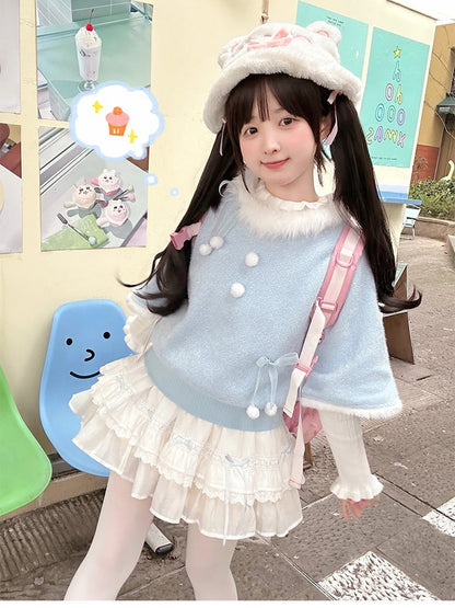 Blue Plush Trim Bows and Pompons Sweater with White Ruffled Cuff Top Set