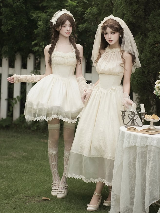 Waist Hairband Flower Halter Illusion Basque Dress Detachable Beige Bow Elegant Neck + Boned