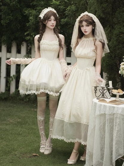 Waist Hairband Flower Halter Illusion Basque Dress Detachable Beige Bow Elegant Neck + Boned