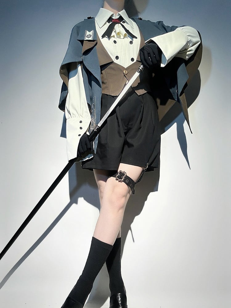 Blue and Brown Ouji Lolita Embroidery Details Pointed Hemline Cape