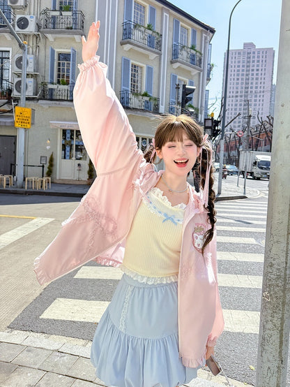 Spitze Yume Kawaii Rosa Erdbeere Applique Jacke Bowknot Sonnenschutz Mit Kapuze