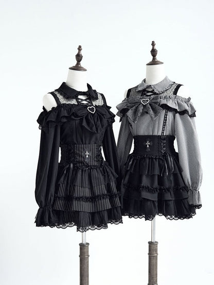 and Detail Long Top Illusion Sleeve Blouse Shoulder Jirai with Black Open Neckline Kei