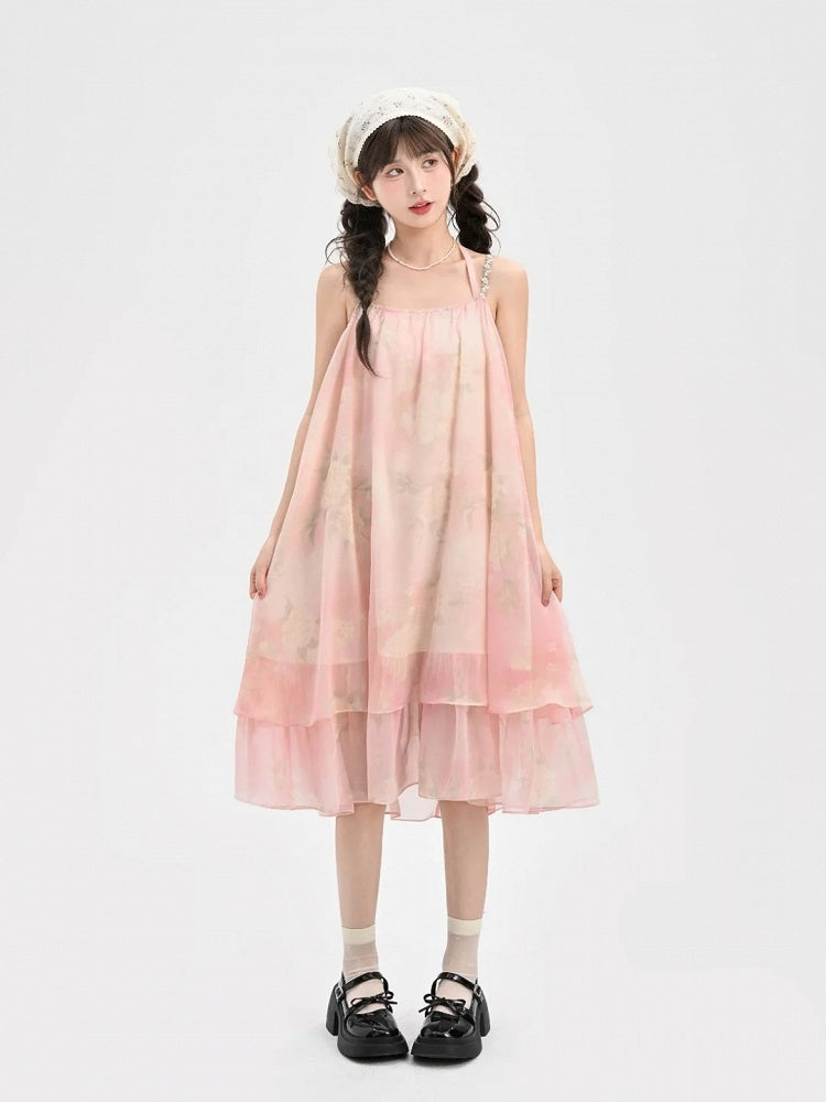 Sleeves Neck Tiered Slip Skirt Polka-dot Dress+Flutter Overdress Yume Kawaii Pink Set-	Halter Two-pieces