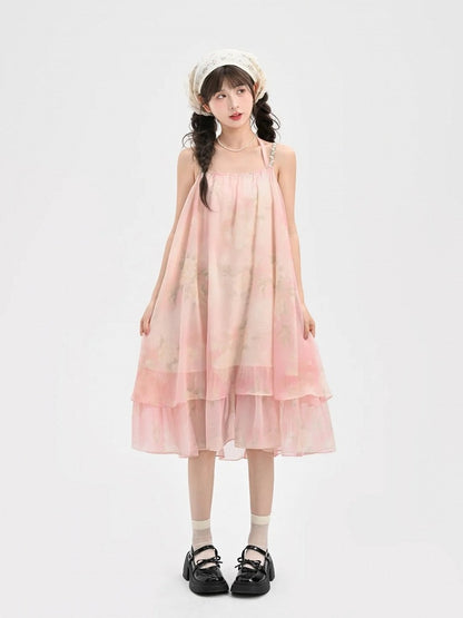Sleeves Neck Tiered Slip Skirt Polka-dot Dress+Flutter Overdress Yume Kawaii Pink Set-	Halter Two-pieces