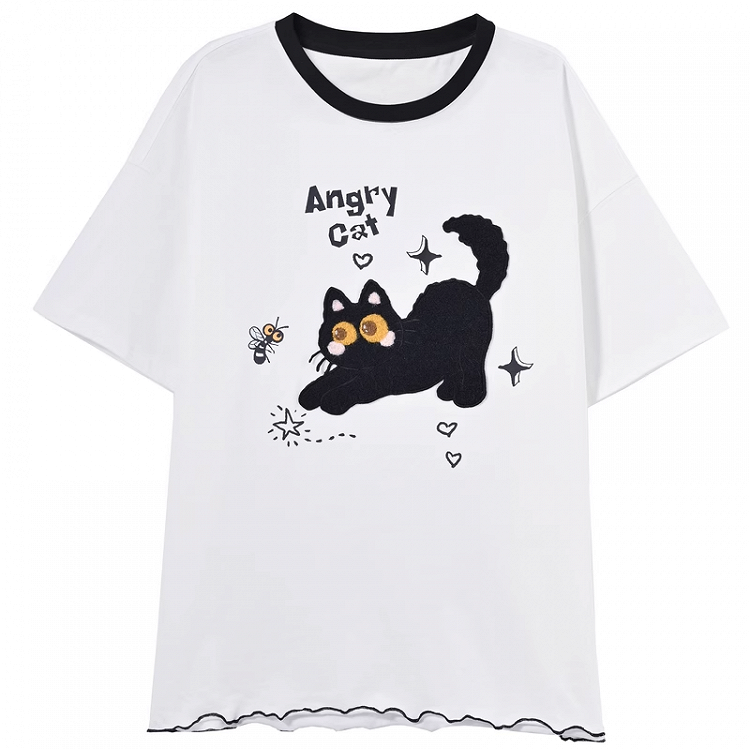 White/Beige Cat Pattern Lettuce Hem T-Shirt