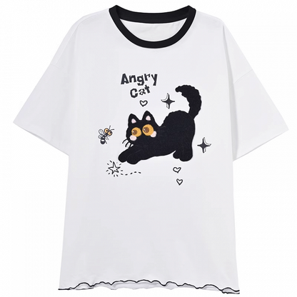 White/Beige Cat Pattern Lettuce Hem T-Shirt