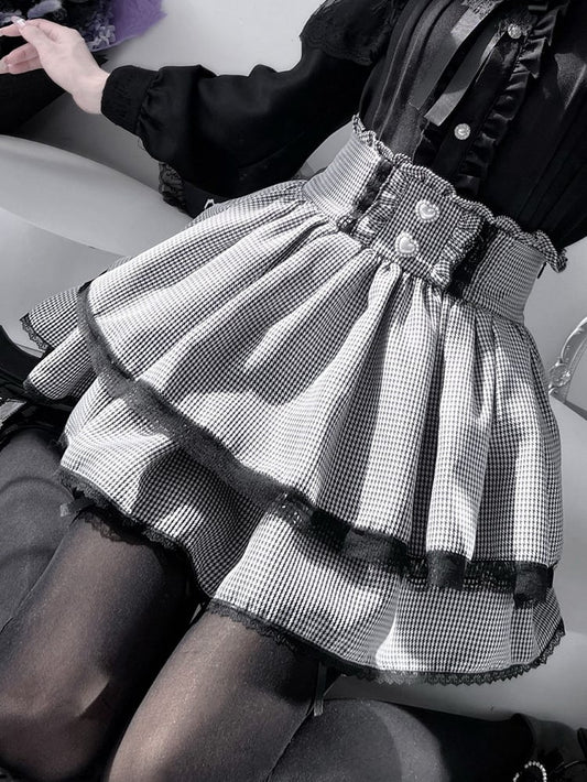 Skirt Tiered Jirai Details Kei Outfit- BlackWhite Plaid + Red Pleating Shirt