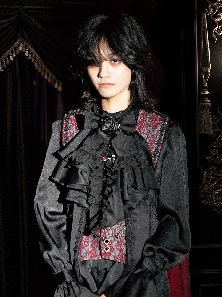 Black and Red Prince Outfit Ouji Lolita Full Set - Black Long Sleeves Shirt + Waistcoat + Black Pants