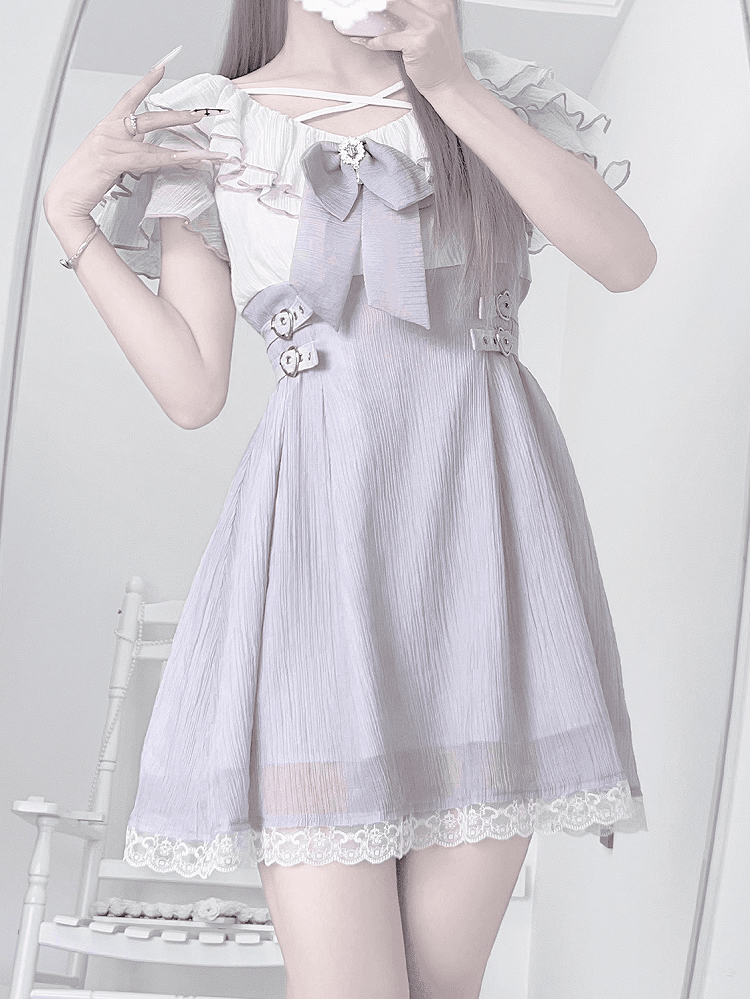 Dress with Flounce Waist Jirai Buckles Bowtie Hem Heart Version Neckline Tiered Lavender Short Kei