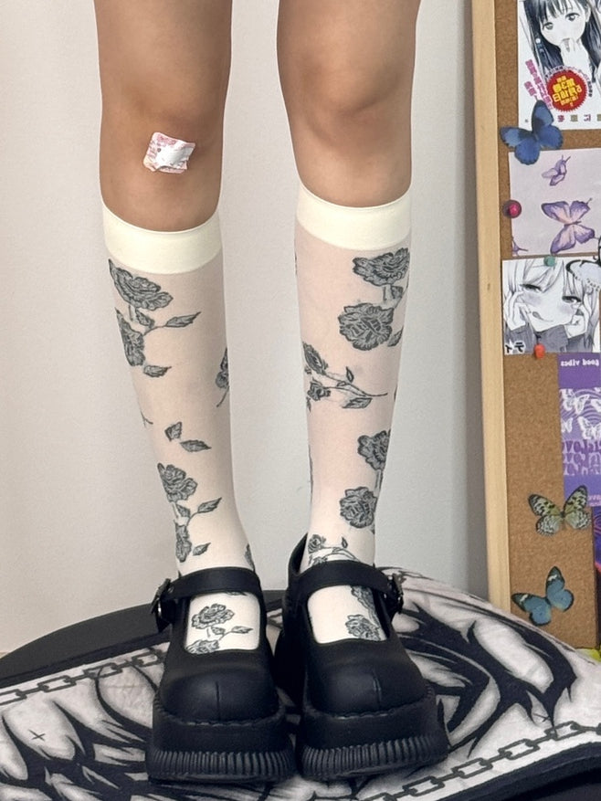 Pattern Stockings Trim Under-knee Black/White Ribbed Rosette