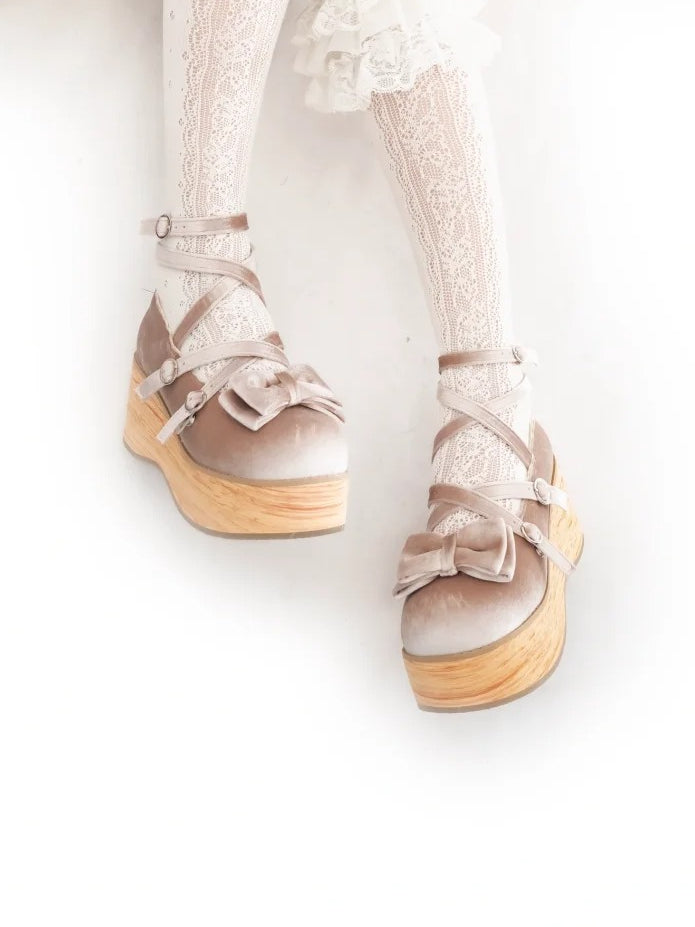Heel with for Beige - Straps Janes Crossed Sweet Bow Platform Decor Lolita Mary