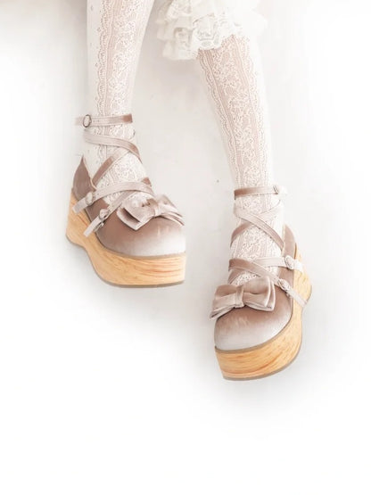 Heel with for Beige - Straps Janes Crossed Sweet Bow Platform Decor Lolita Mary