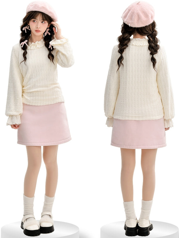 Beige Ruffle Neckline Long Sleeves Top
