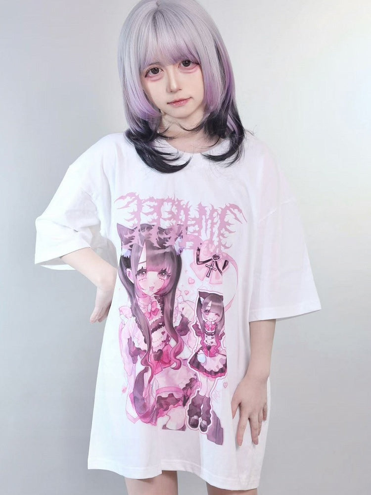 Jirai White Oversized Girl Round Cartoon Kei Print T-shirt Neck