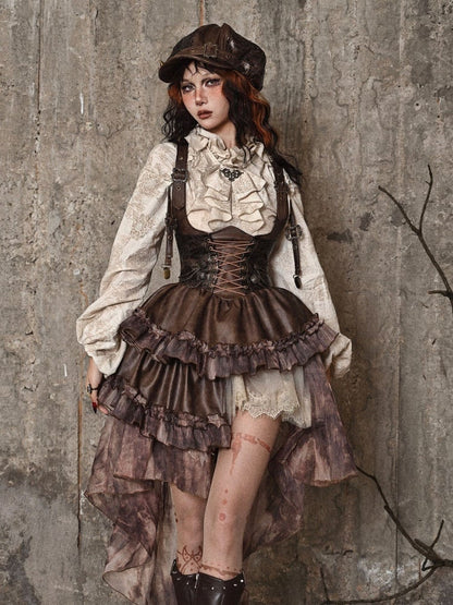 Ruffle Neckline Apricot Steampunk Balloon Sleeves Shirt