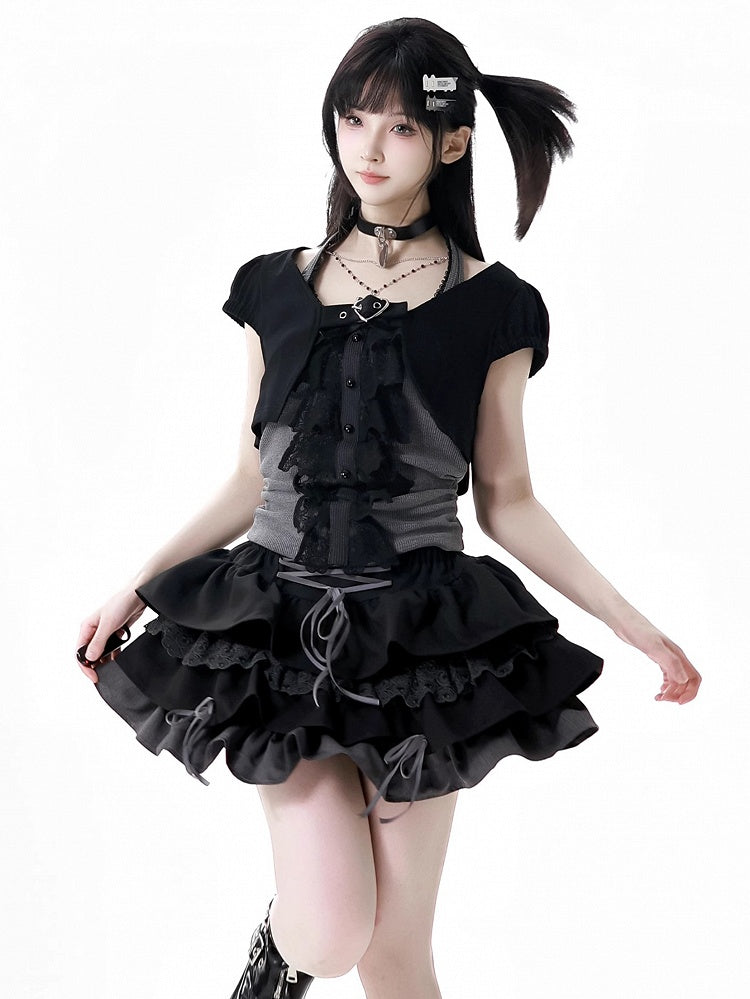 Skirt Cropped Top+Halter Neck Top+Tiered Sleeves Y2K Black and Gray Three Pieces Set - Short
