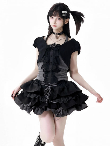 Skirt Cropped Top+Halter Neck Top+Tiered Sleeves Y2K Black and Gray Three Pieces Set - Short