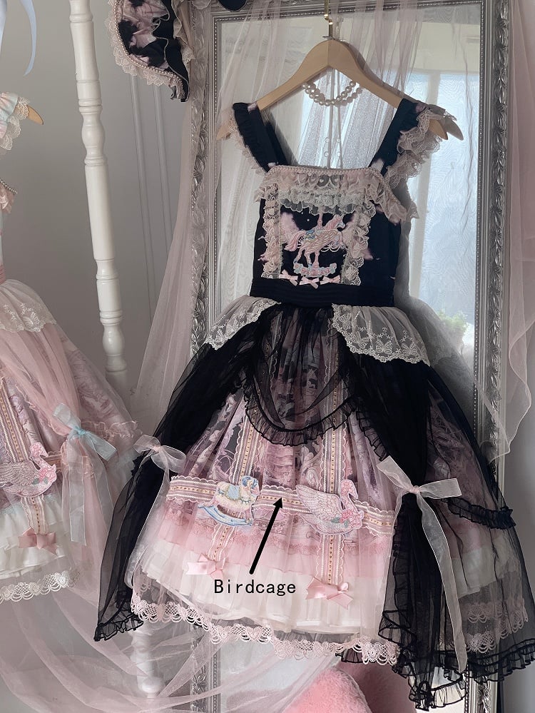 Black and Pink Curtain Tulle Overlay Flying Horse Skirt Lolita Jumper Skirt