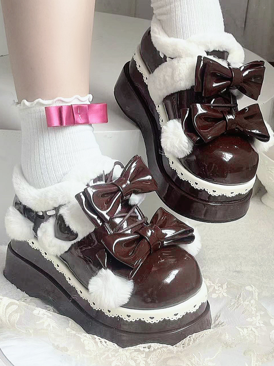 Lolita Coffee Cute Heart Bowknot Platform Shoes With Pompons