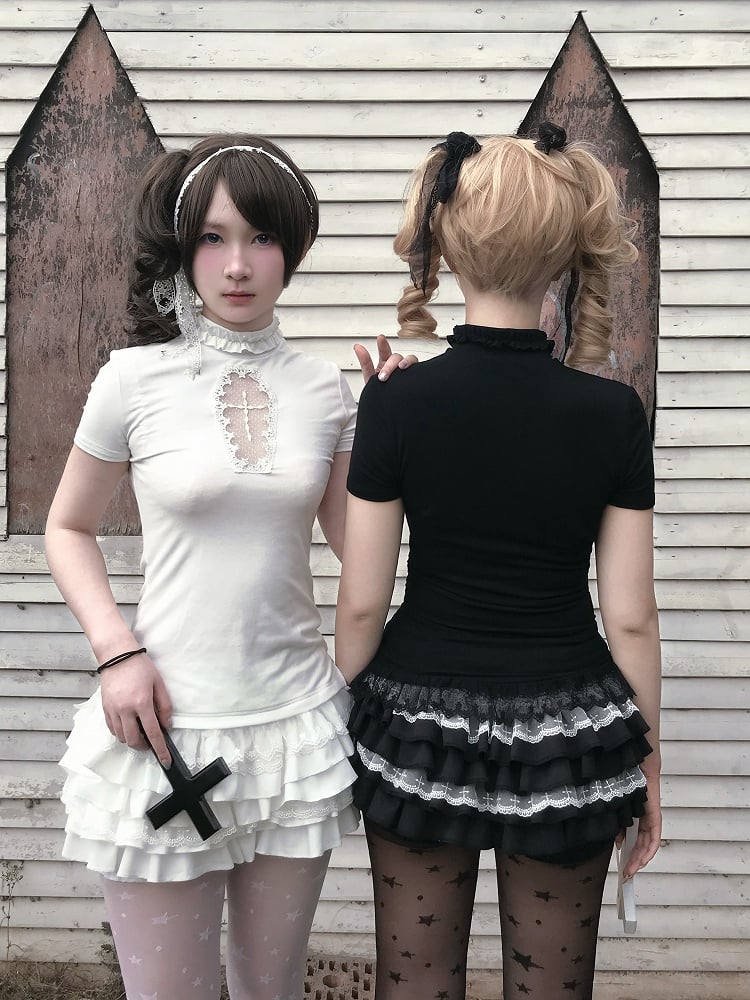 Gestufter Cross Skort Gothic Schwarz/Weiß Elastische Taille Spitzenbesatz Pumphose