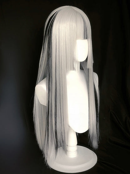 Bangs With Highlight Wig Hime Full Cut Black Straight Length 80CM Silver And