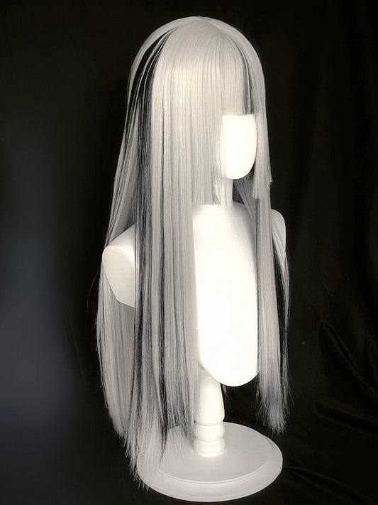 Bangs With Highlight Wig Hime Full Cut Black Straight Length 80CM Silver And