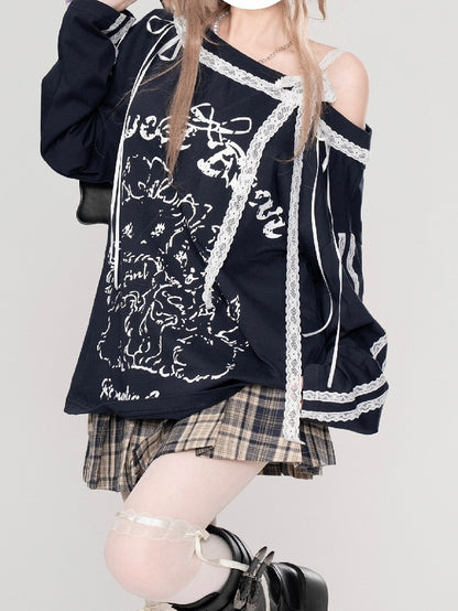 Navy Blue Cartoon Print Lace Accents Asymmetrical Neckline Top