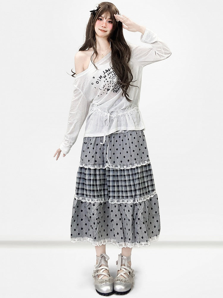 Gray Pattern Trim Polka-dot Y2K And Skirt Lace Bittersweet Plaid