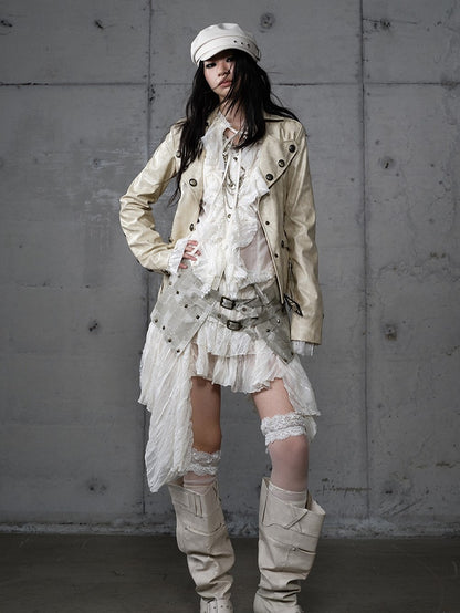 Asymmetrical Beige Punk Skirt with PU Studded Detail