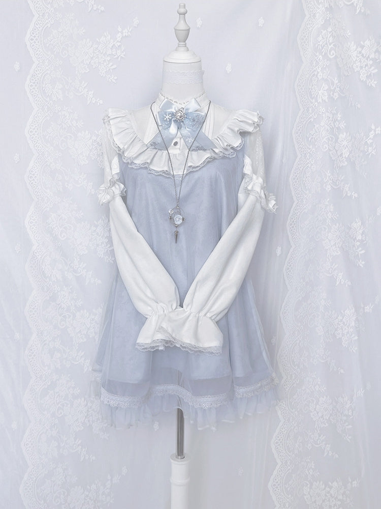 Jirai Kei Light Blue Lace Patch Shoulders Landmine Style Lace Trimmed Long Sleeve Dress