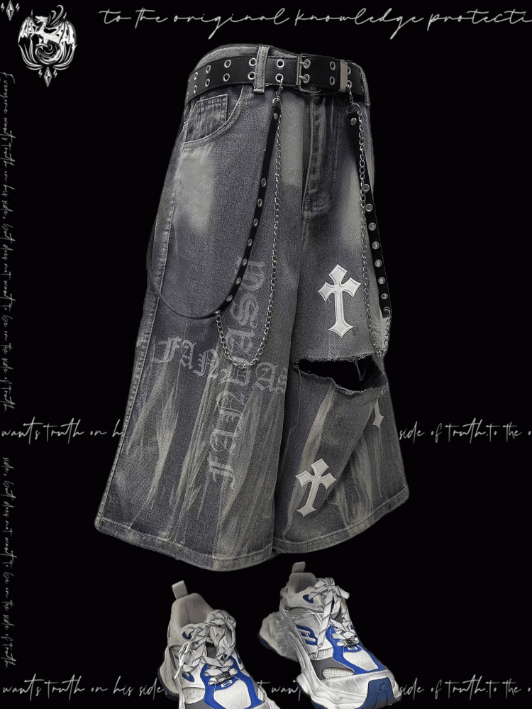 Y2K Blue Cross Appliques Distressed Holes Wide-Leg Jeans